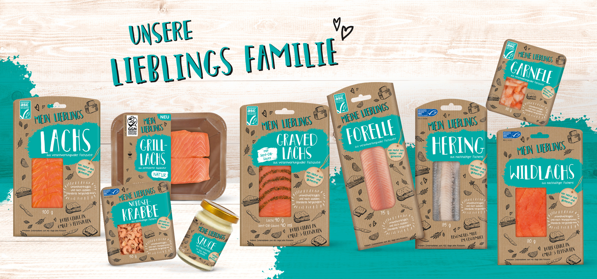 Unsere Lieblingsfamilie. Lachs, Forelle, Hering, Krabben, Garnelen und Co. Packaging von adworx.