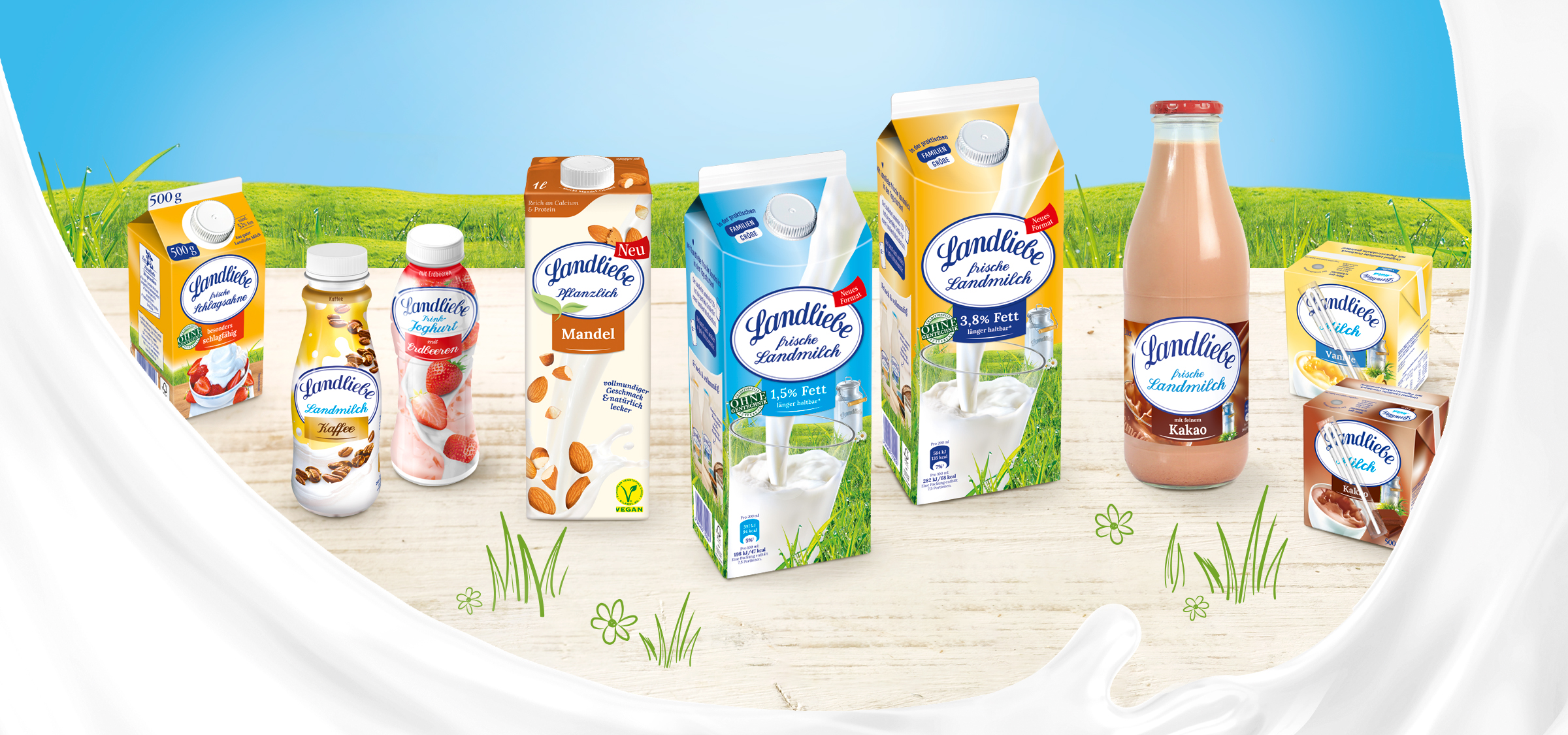 Landliebe Sortiment. Milch, Trinkjoghurt, Kakao und andere Drinks. Packaging von adworx.